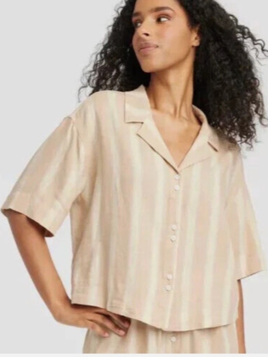 stars above Tops - Stars Above Linen Blend Cream Short Sleeve Button Down Shirt Size Large